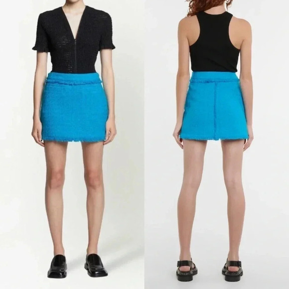 Proenza Schouler White Label Blue Tweed Fringe Mini Skirt Size 0 Cotton - Picture 11 of 11